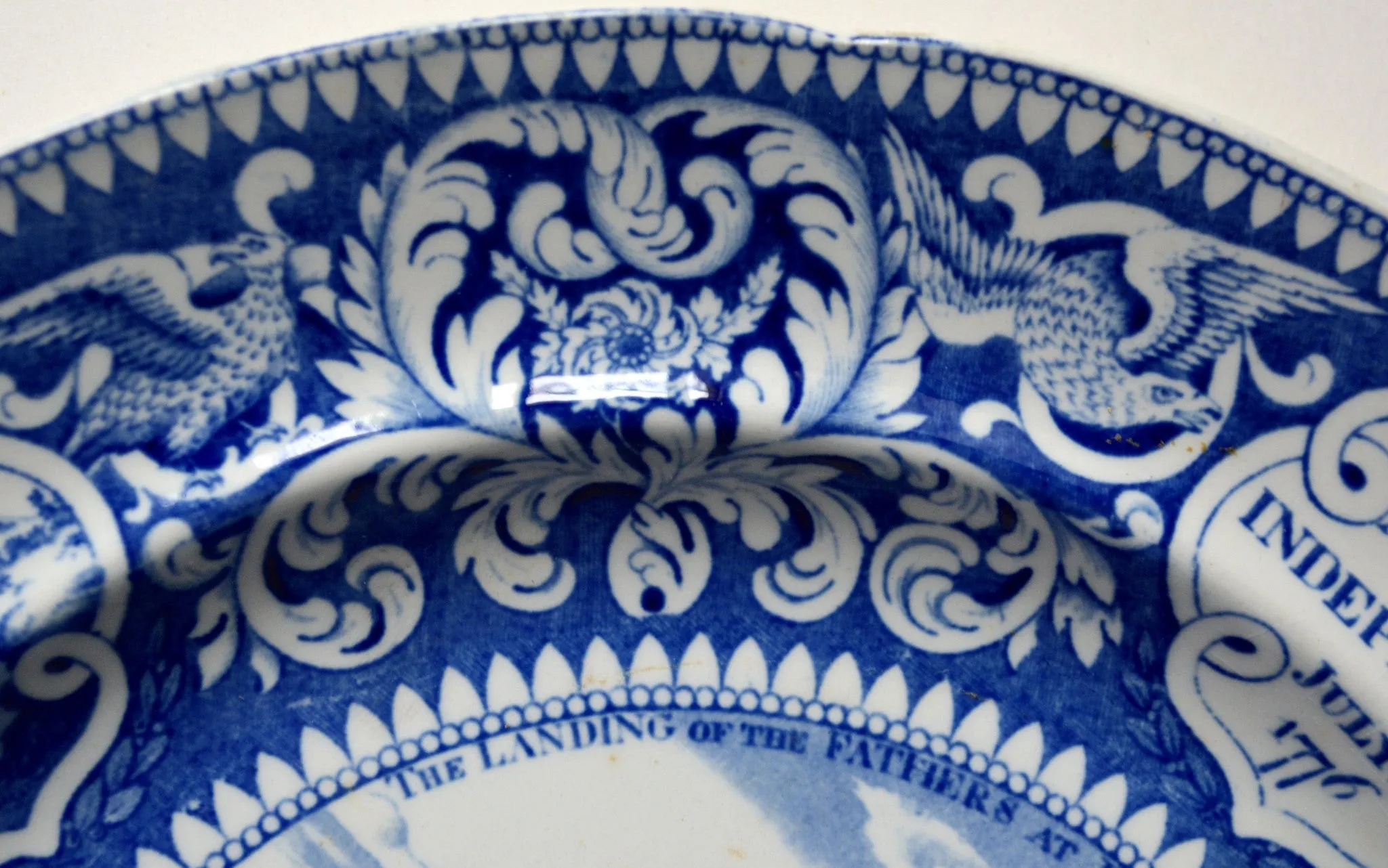 c1825 Historical Staffordshire Enoch Wood & Sons Blue Transferware Plate American Independence, Pilgrims, Washington, Boxer v Enterprise