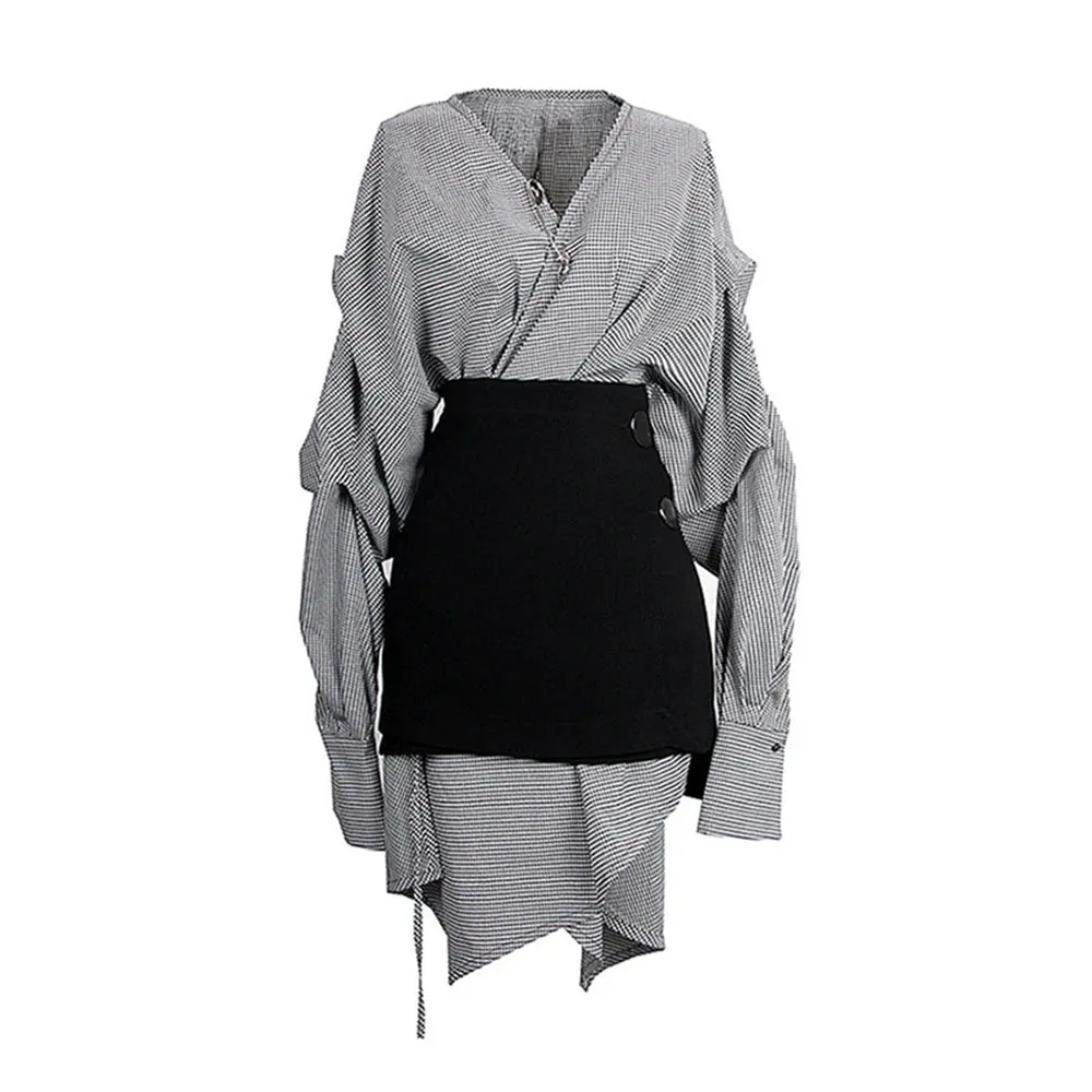 Casual Two Piece Set For Women V Neck Long Sleeve Striped Irregular Dress High Waist A Line Skirt Slimming Sets Female New