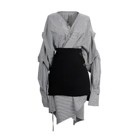 Casual Two Piece Set For Women V Neck Long Sleeve Striped Irregular Dress High Waist A Line Skirt Slimming Sets Female New