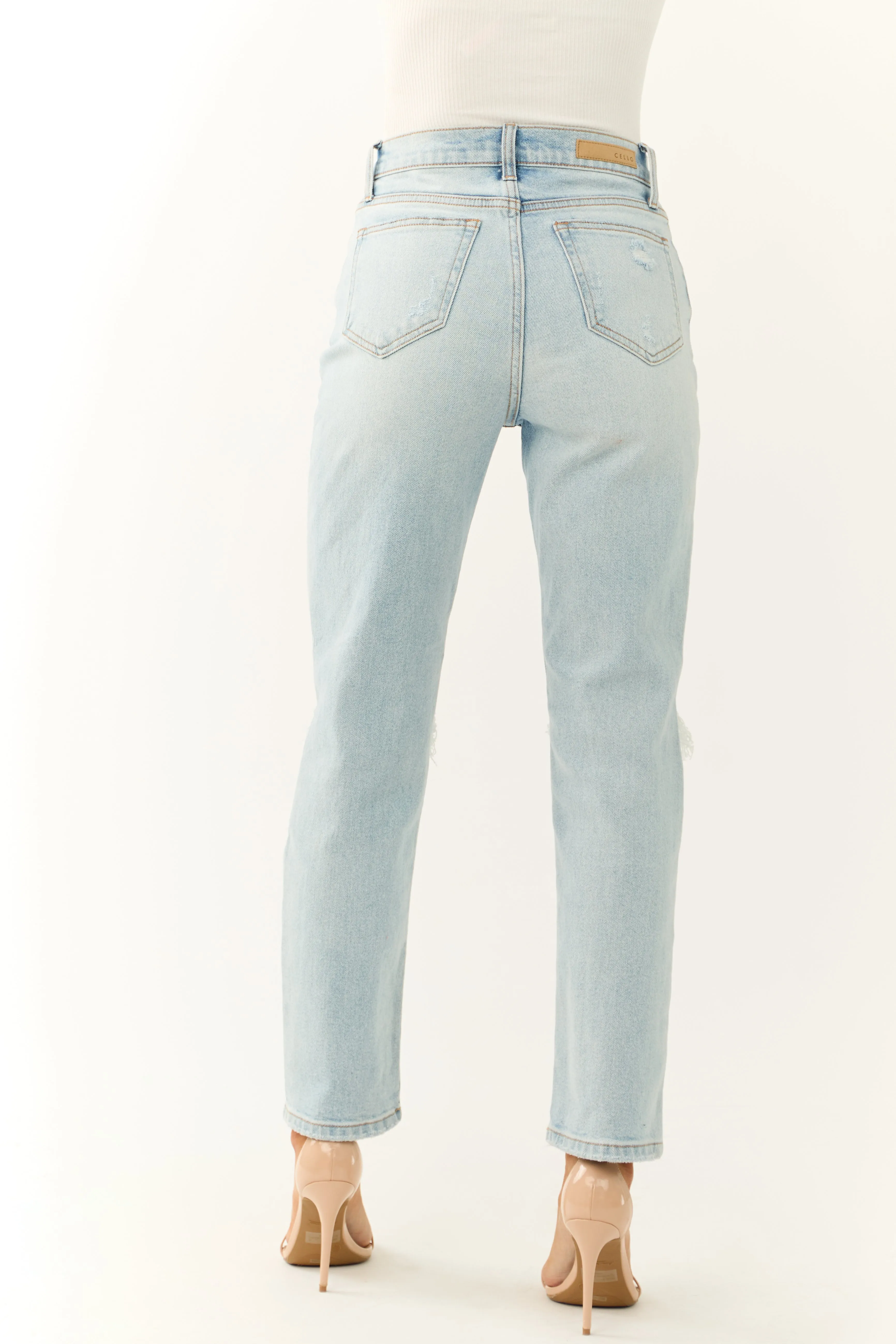 Cello Light Wash Torn Knee Straight Jeans