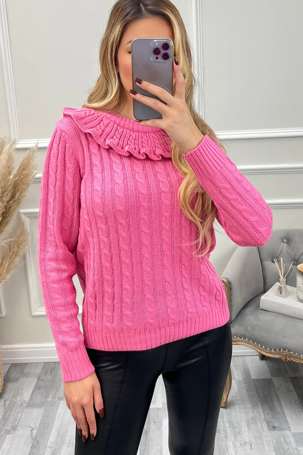 Connie Pink Frill Collar Cable Knit Jumper