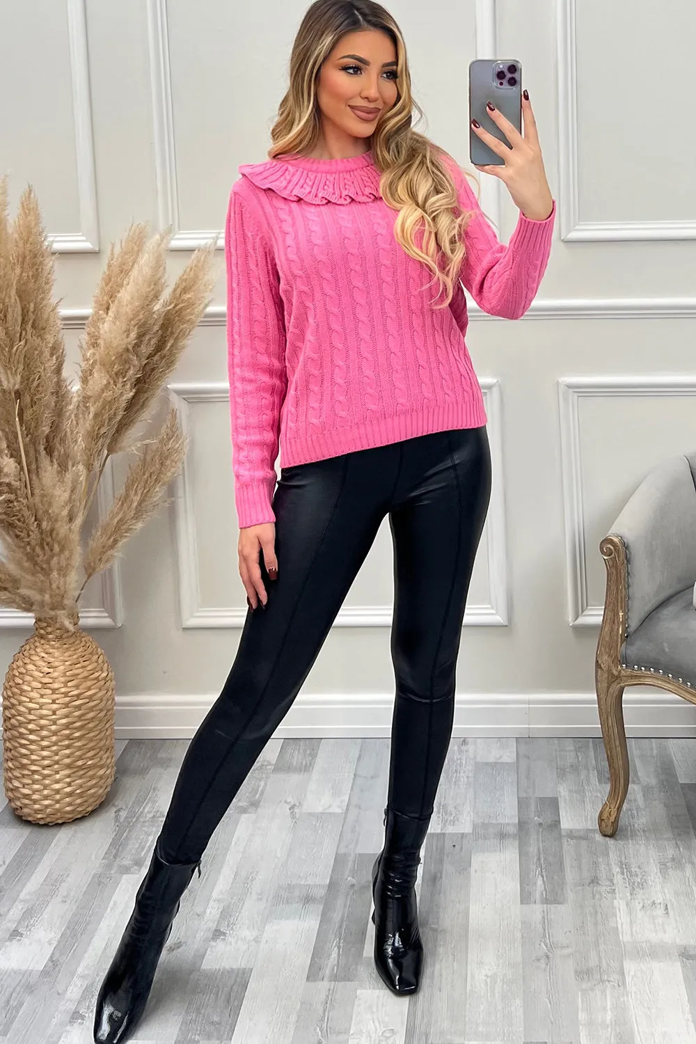 Connie Pink Frill Collar Cable Knit Jumper