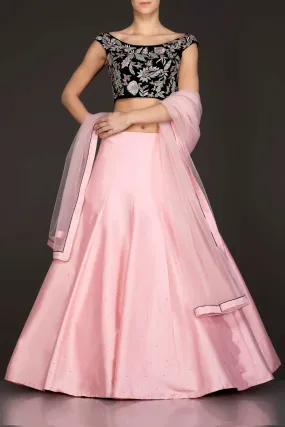 Dark Green Velvet Top With Baby Pink Silk Lehenga And Net Dupatta