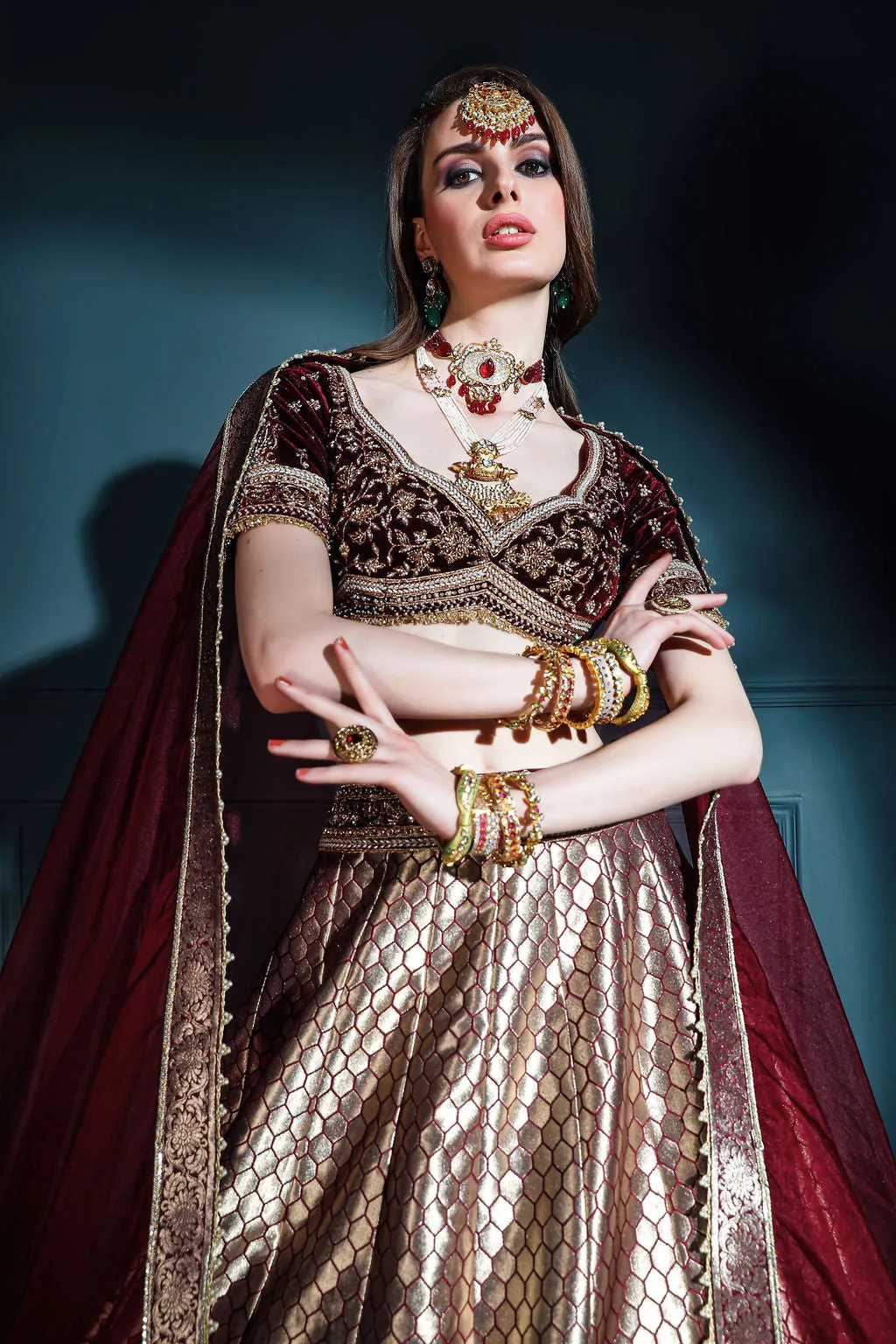 Dark Mahroon brocade Skirt with embroidered top