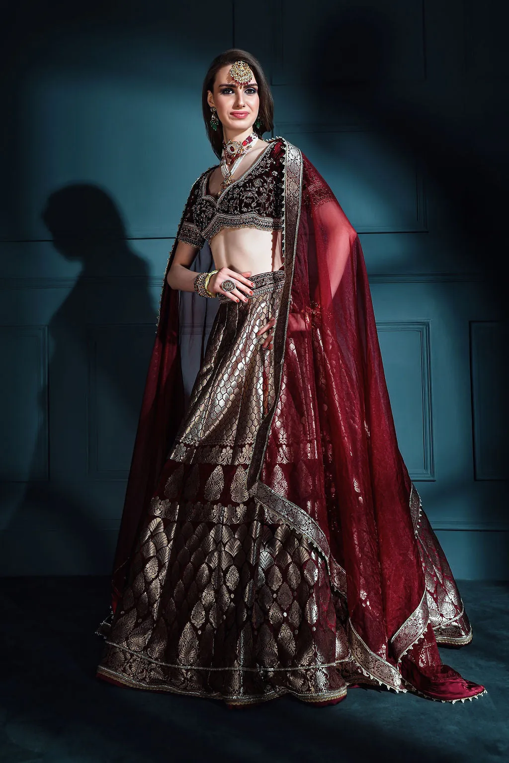 Dark Mahroon brocade Skirt with embroidered top