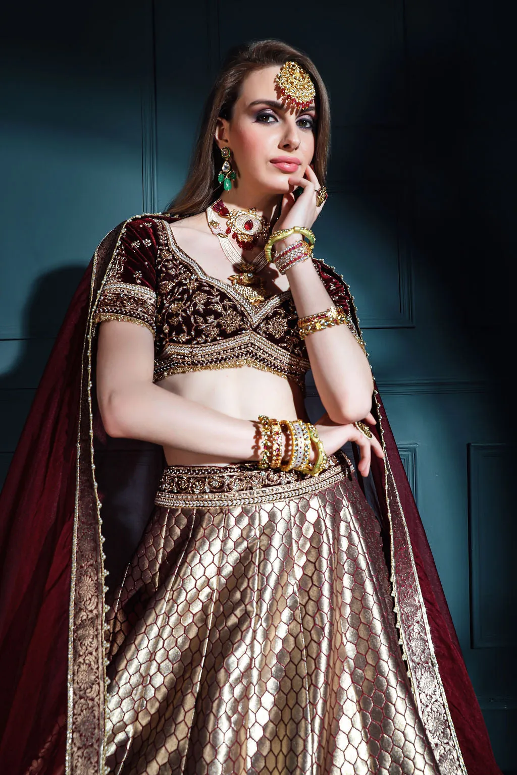 Dark Mahroon brocade Skirt with embroidered top
