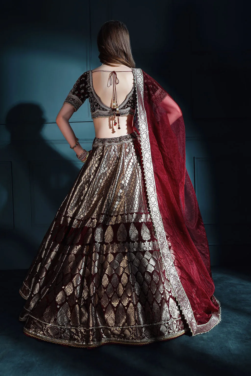 Dark Mahroon brocade Skirt with embroidered top