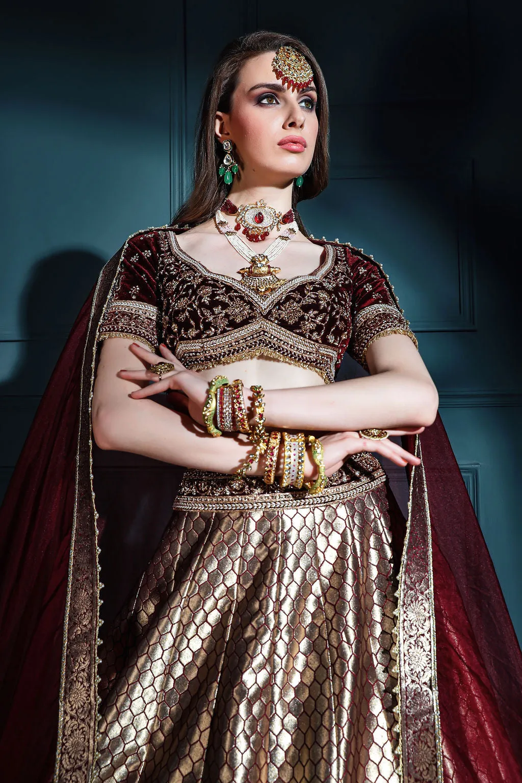 Dark Mahroon brocade Skirt with embroidered top