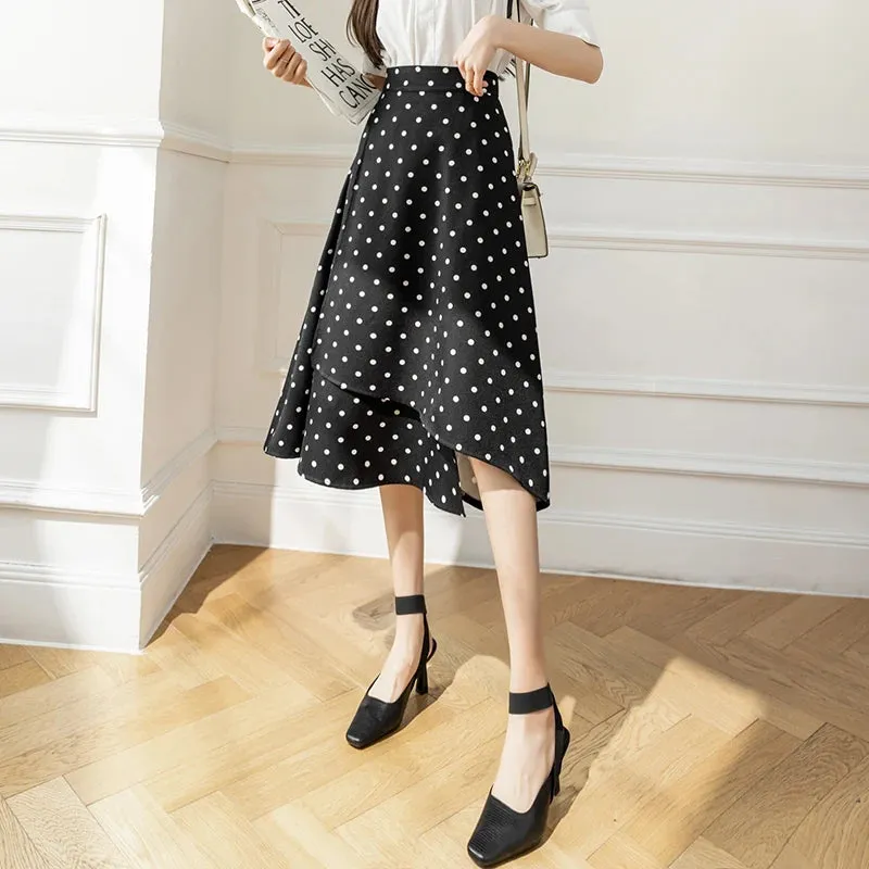 Irregular Dot Printed Summer Female Skirt Elegant Office Ladies New High Waist A-line Black Casual Chic Women's Skirts