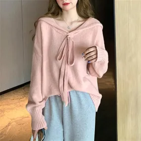 Knitted Sweater With Sailor Collar And Ribbon