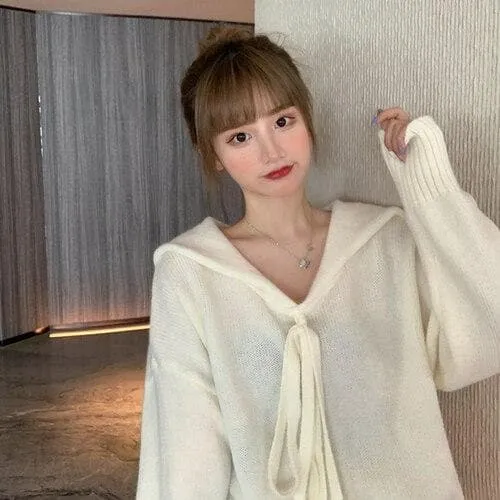 Knitted Sweater With Sailor Collar And Ribbon