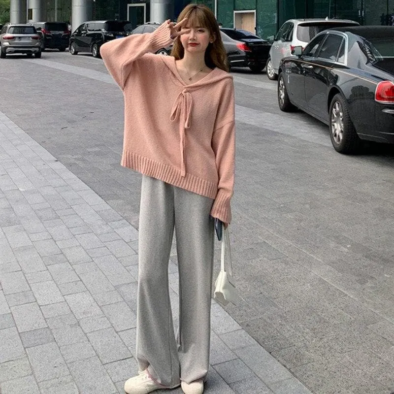 Knitted Sweater With Sailor Collar And Ribbon