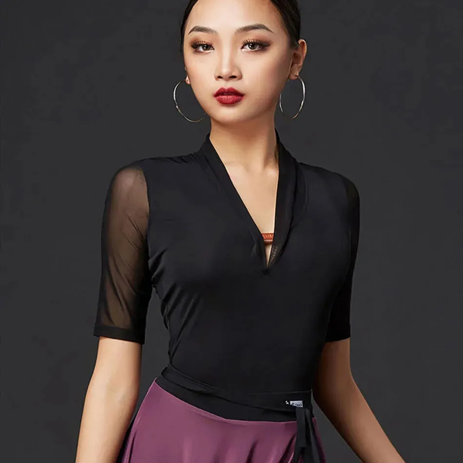 Latin Dance Bodysuit with Mesh Short Sleeves and V Neck Pra 1404