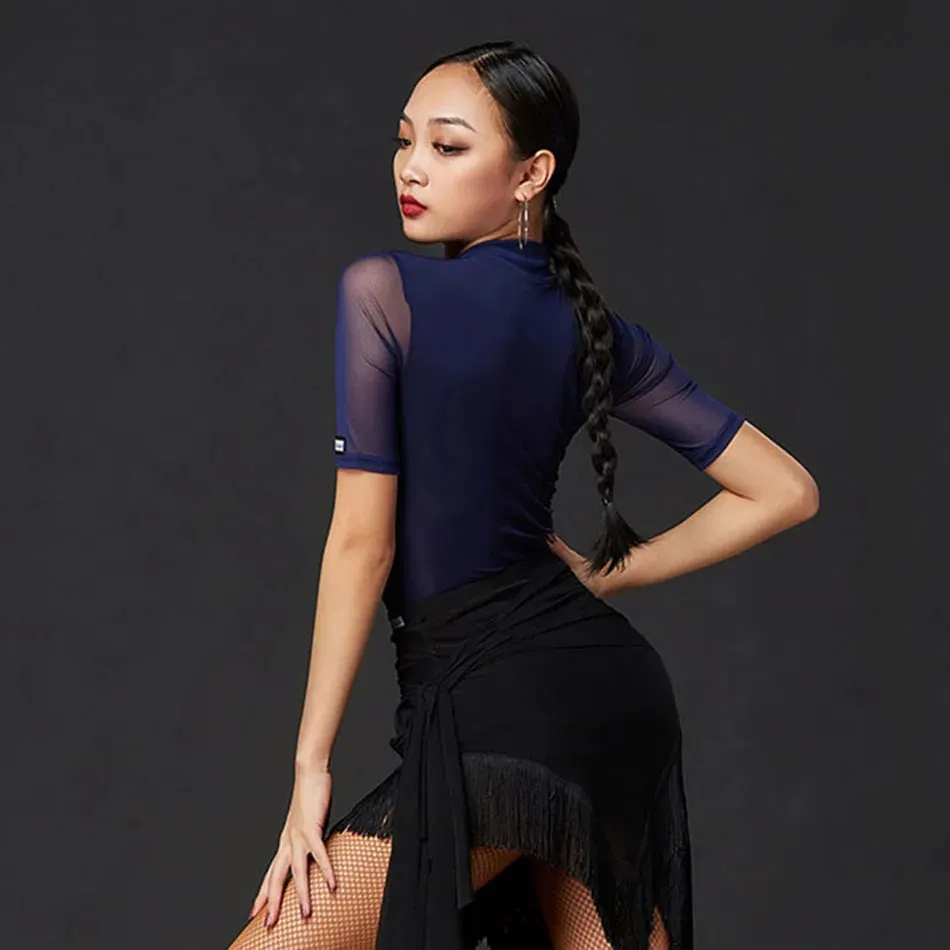 Latin Dance Bodysuit with Mesh Short Sleeves and V Neck Pra 1404