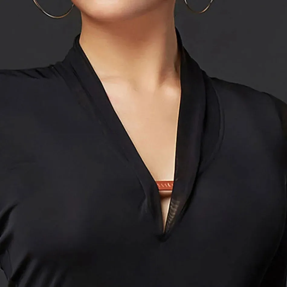 Latin Dance Bodysuit with Mesh Short Sleeves and V Neck Pra 1404