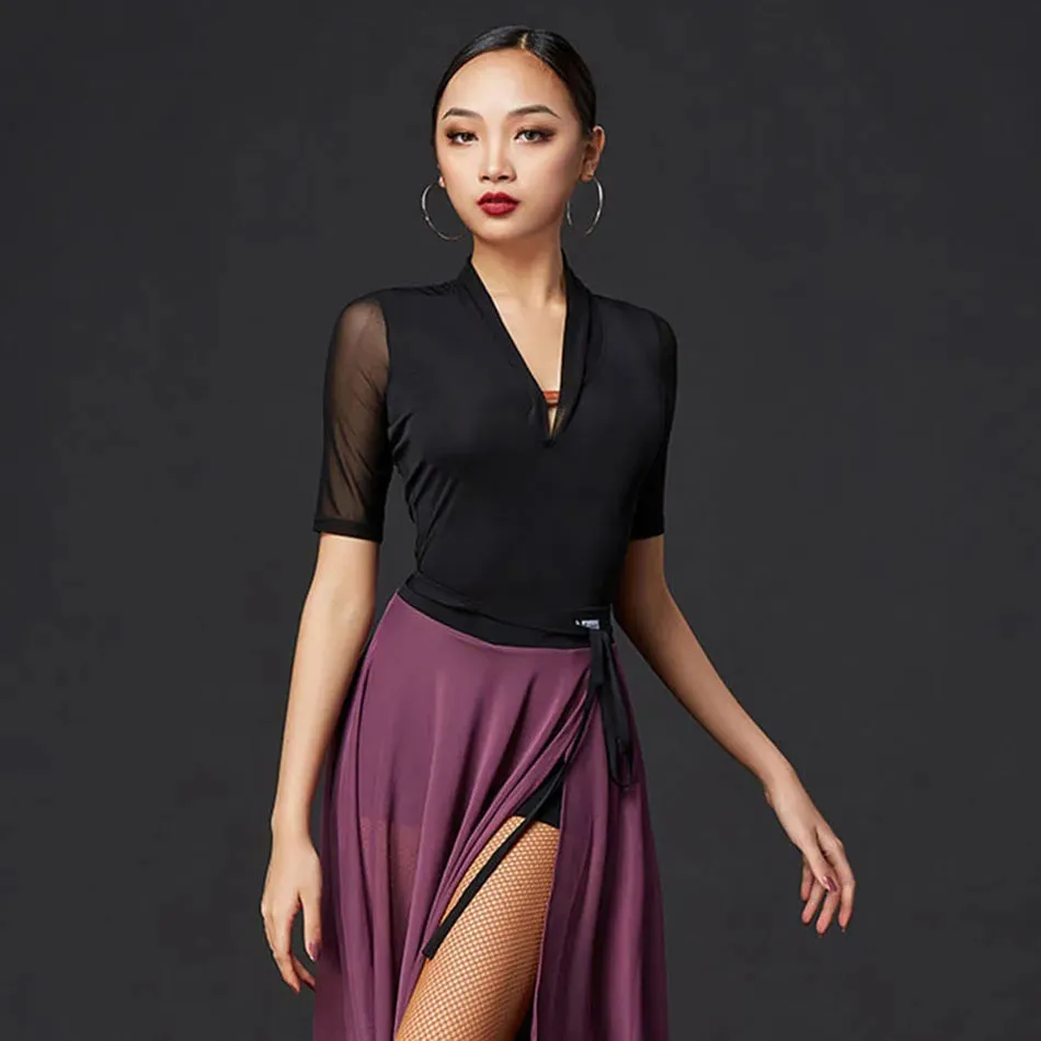 Latin Dance Bodysuit with Mesh Short Sleeves and V Neck Pra 1404