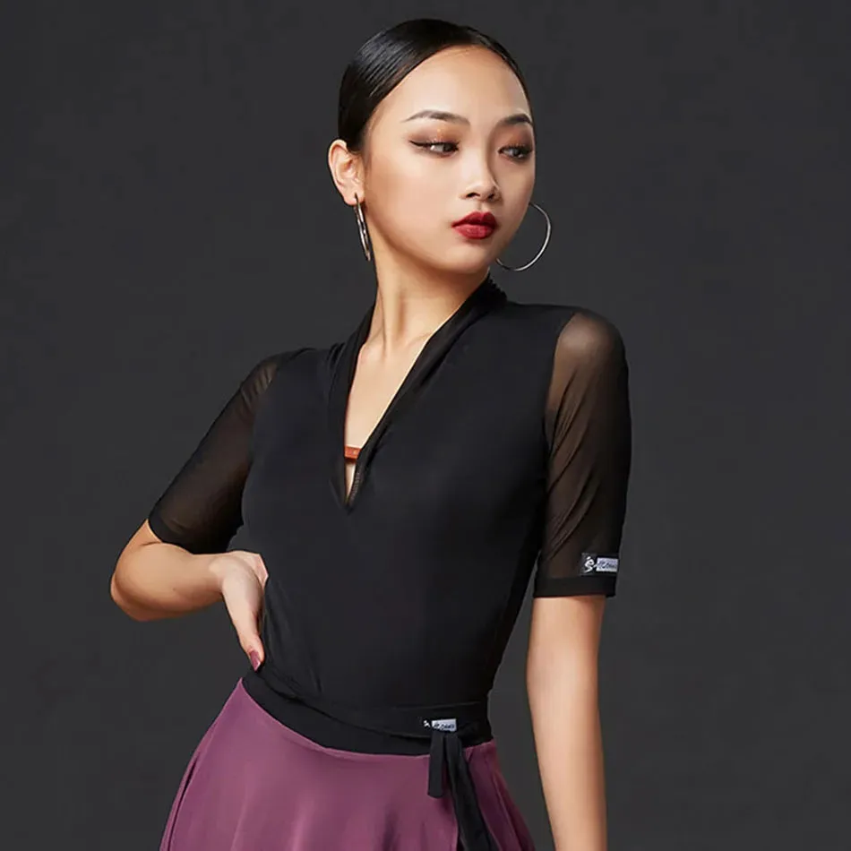 Latin Dance Bodysuit with Mesh Short Sleeves and V Neck Pra 1404