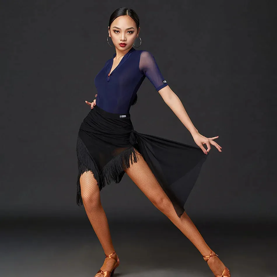 Latin Dance Bodysuit with Mesh Short Sleeves and V Neck Pra 1404