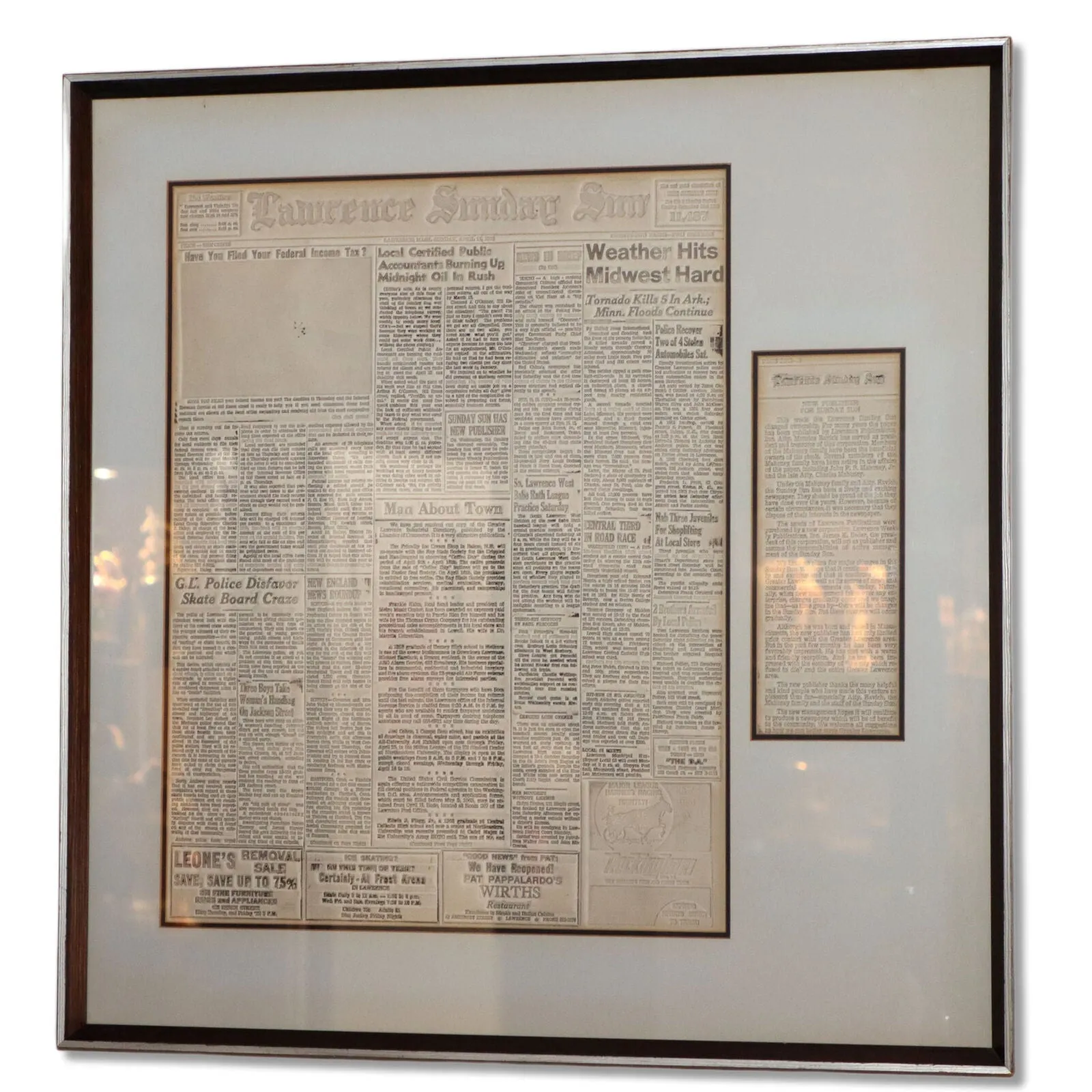Lawrence MA Sunday Sun 1966 Newspaper Print Plate Matrix Mat Framed  Front Page