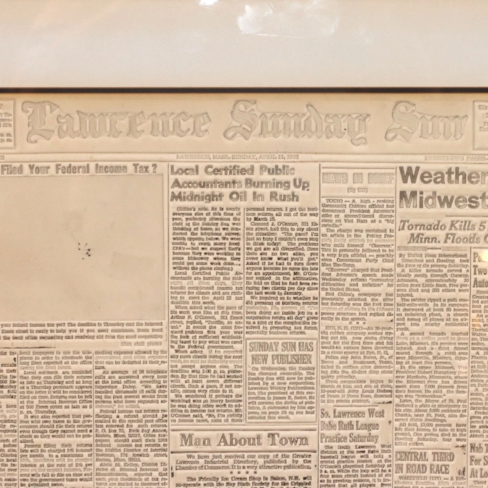 Lawrence MA Sunday Sun 1966 Newspaper Print Plate Matrix Mat Framed  Front Page