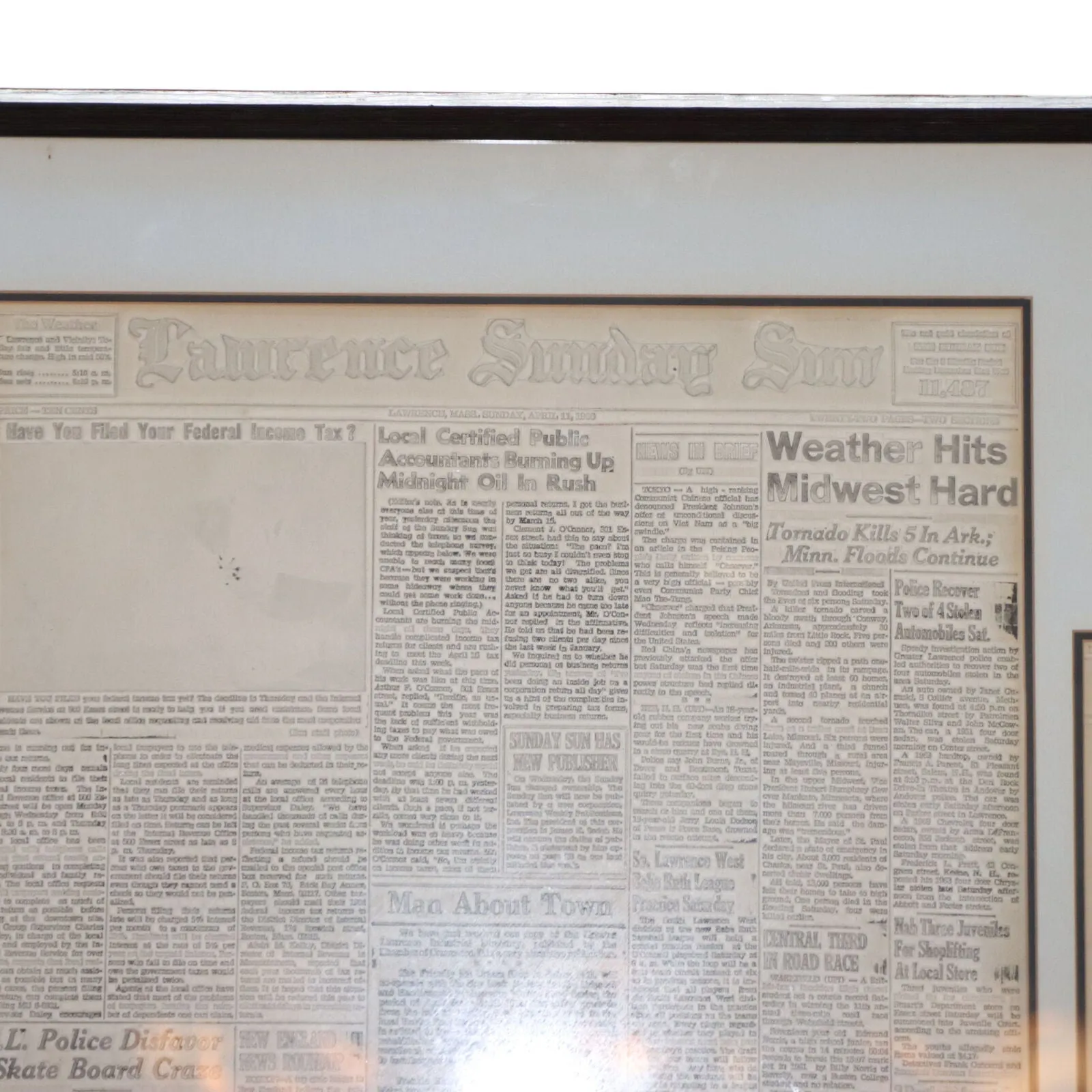 Lawrence MA Sunday Sun 1966 Newspaper Print Plate Matrix Mat Framed  Front Page