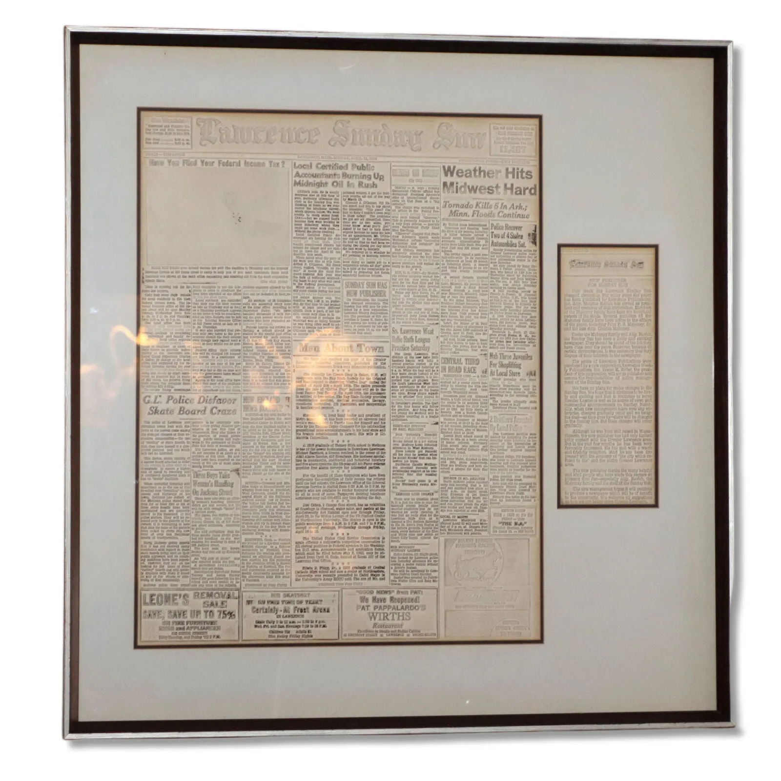 Lawrence MA Sunday Sun 1966 Newspaper Print Plate Matrix Mat Framed  Front Page