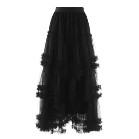 Loose Ruched Skirt For Women High Waist A Line Patchwork Mesh Irregular Hem Midi Skirts Female Clothing Fashion