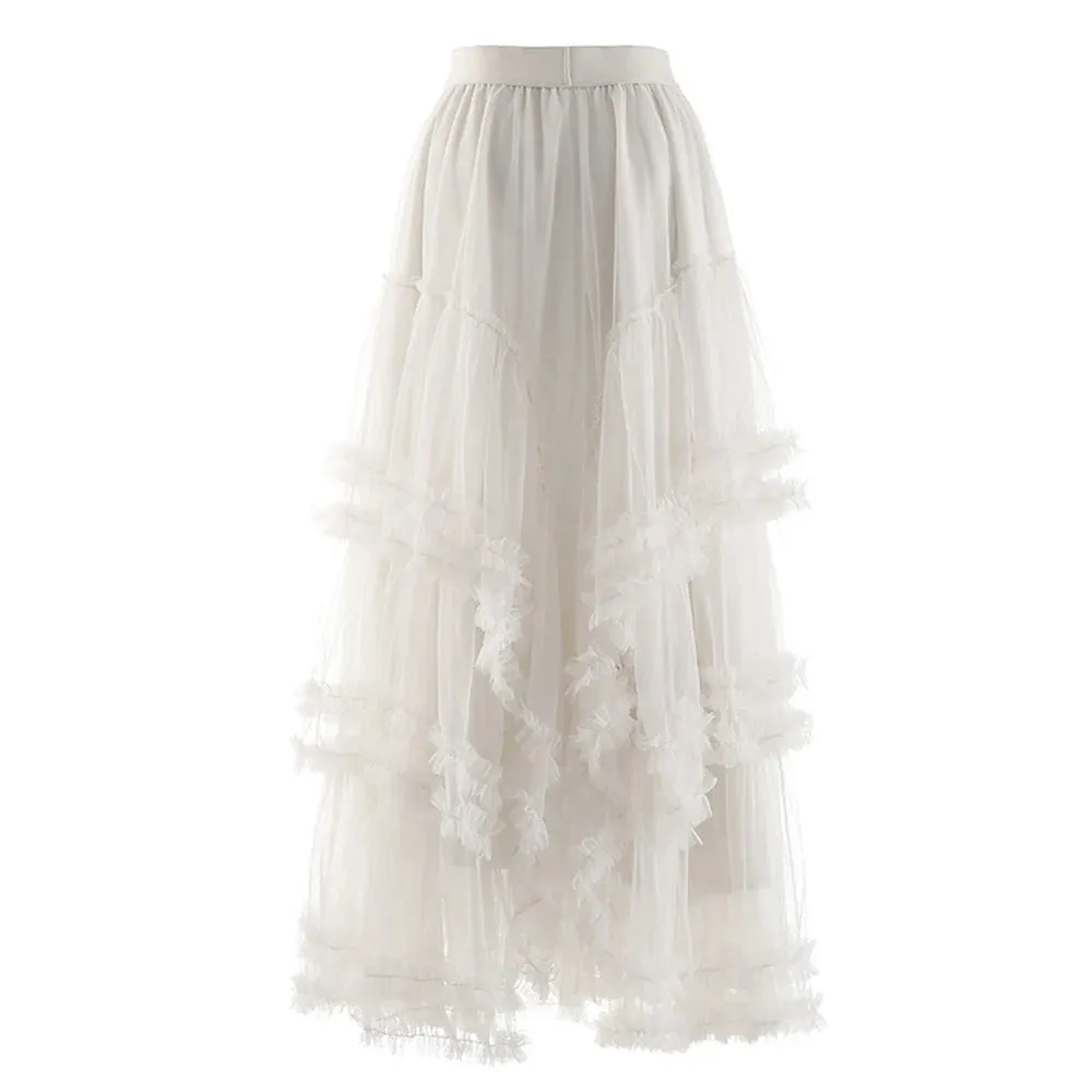 Loose Ruched Skirt For Women High Waist A Line Patchwork Mesh Irregular Hem Midi Skirts Female Clothing Fashion