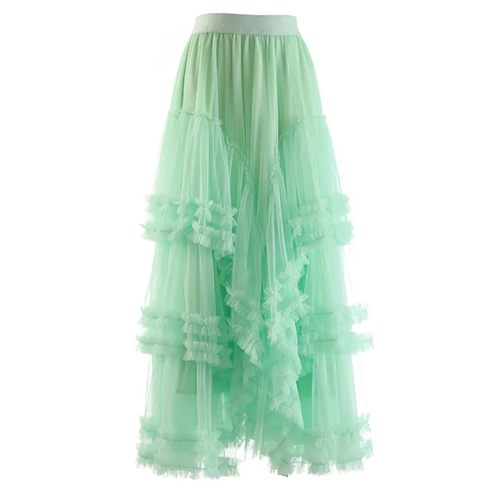 Loose Ruched Skirt For Women High Waist A Line Patchwork Mesh Irregular Hem Midi Skirts Female Clothing Fashion