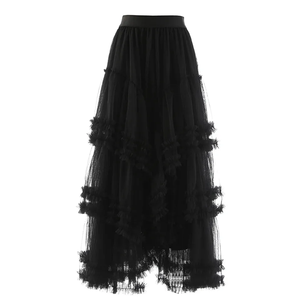 Loose Ruched Skirt For Women High Waist A Line Patchwork Mesh Irregular Hem Midi Skirts Female Clothing Fashion
