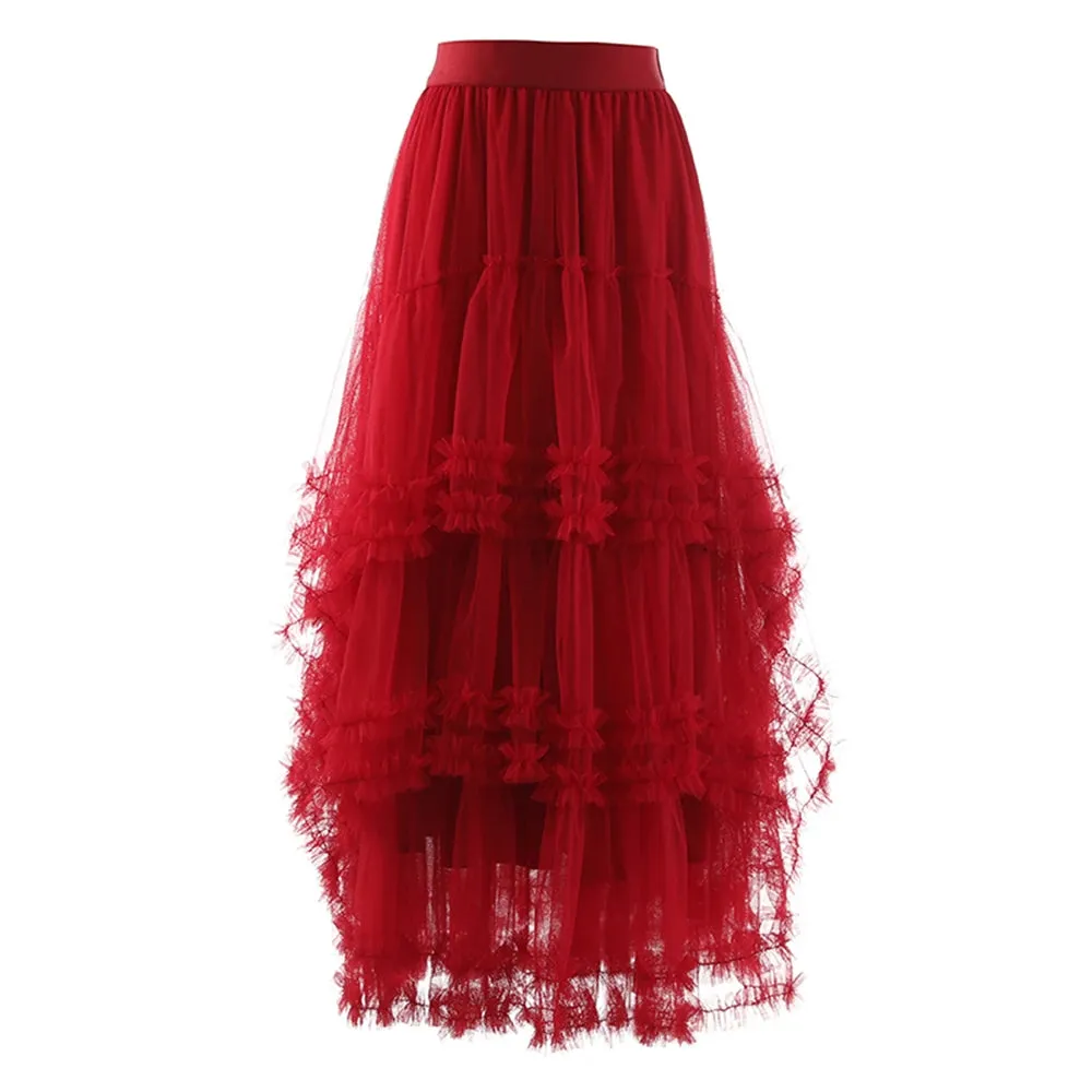 Loose Ruched Skirt For Women High Waist A Line Patchwork Mesh Irregular Hem Midi Skirts Female Clothing Fashion