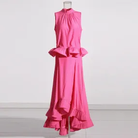 Ruffle Temperament Two Piece Set For Women Sleeveless Tops Pleated Irregular Hem Skirts Fashion Clothing Style