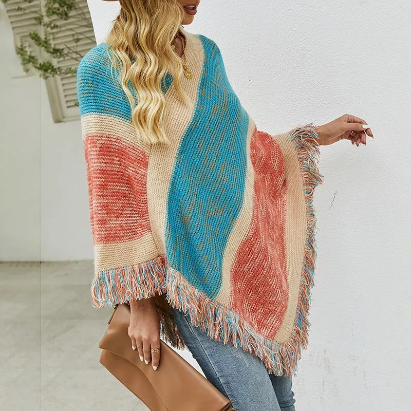 Striking color striped knitted cape fringed shawl