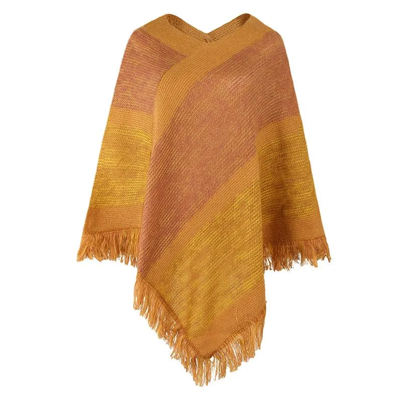 Striking color striped knitted cape fringed shawl