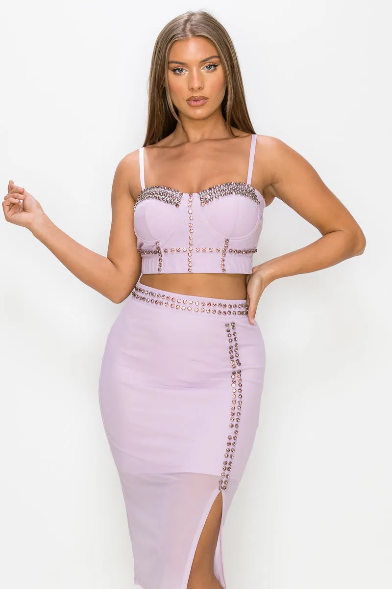 Studded Stone Cami Top & Slit Mini Skirt Set