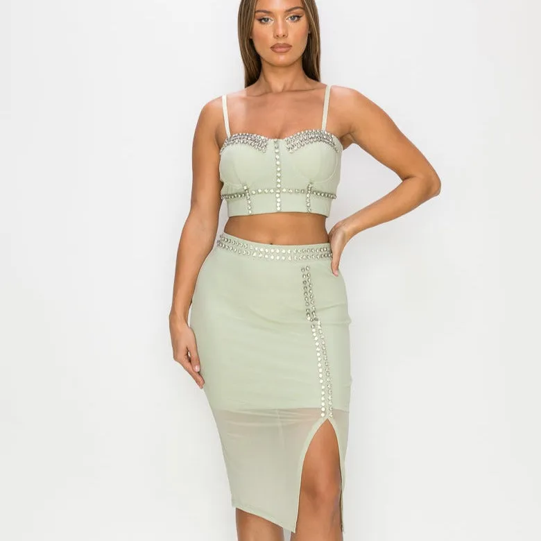 Studded Stone Cami Top & Slit Mini Skirt Set