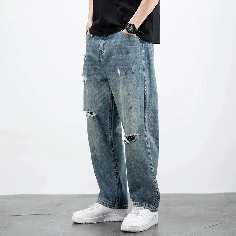 Wiaofellas  -  Men's Jeans Broken Straight Trousers Ripped with Holes Loose Torn Wide Leg Male Cowboy Pants Baggy  Korean Autumn New in Xs