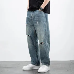 Wiaofellas  -  Men's Jeans Broken Straight Trousers Ripped with Holes Loose Torn Wide Leg Male Cowboy Pants Baggy  Korean Autumn New in Xs