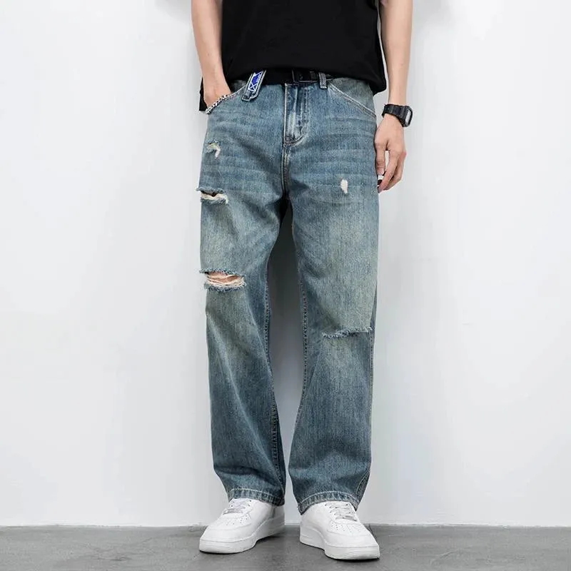 Wiaofellas  -  Men's Jeans Broken Straight Trousers Ripped with Holes Loose Torn Wide Leg Male Cowboy Pants Baggy  Korean Autumn New in Xs