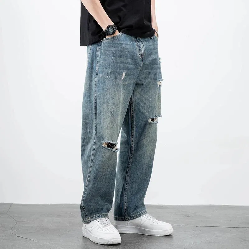 Wiaofellas  -  Men's Jeans Broken Straight Trousers Ripped with Holes Loose Torn Wide Leg Male Cowboy Pants Baggy  Korean Autumn New in Xs