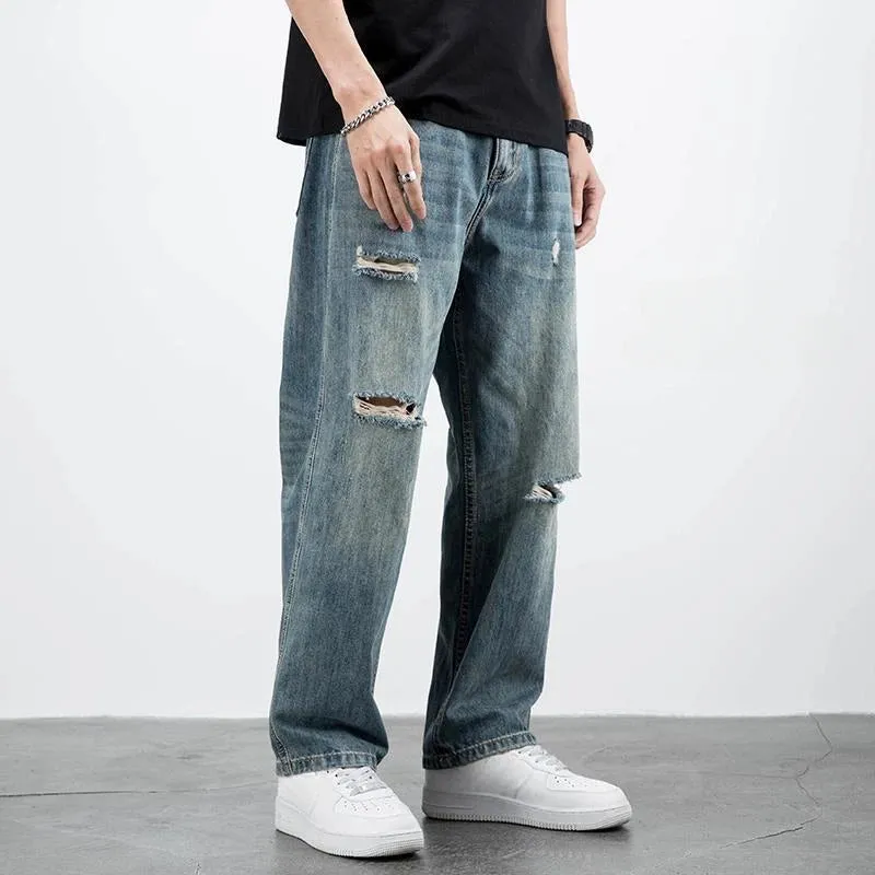 Wiaofellas  -  Men's Jeans Broken Straight Trousers Ripped with Holes Loose Torn Wide Leg Male Cowboy Pants Baggy  Korean Autumn New in Xs