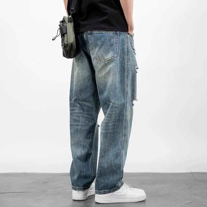 Wiaofellas  -  Men's Jeans Broken Straight Trousers Ripped with Holes Loose Torn Wide Leg Male Cowboy Pants Baggy  Korean Autumn New in Xs
