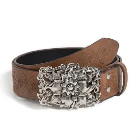Women's Camel Tone Floral Buckle Leather Belt