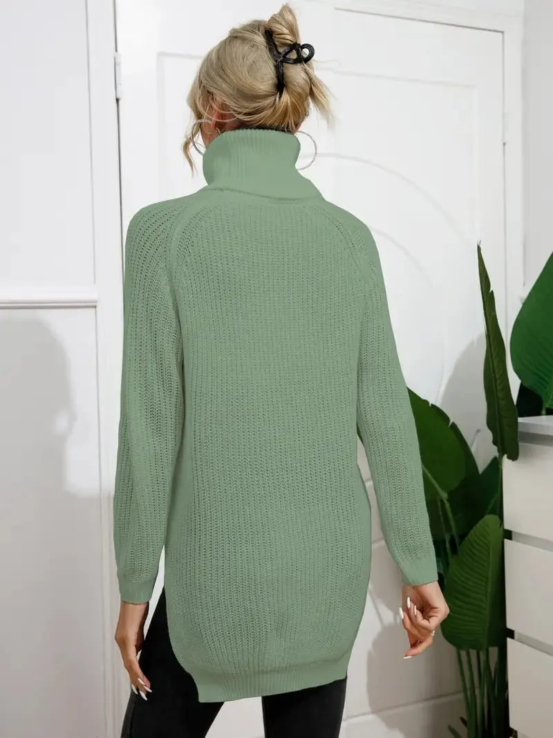 Women's Winter Loose O-Neck Elegant Drop Shoulder Sleeve Side Slit Pullover Sweater    S468399